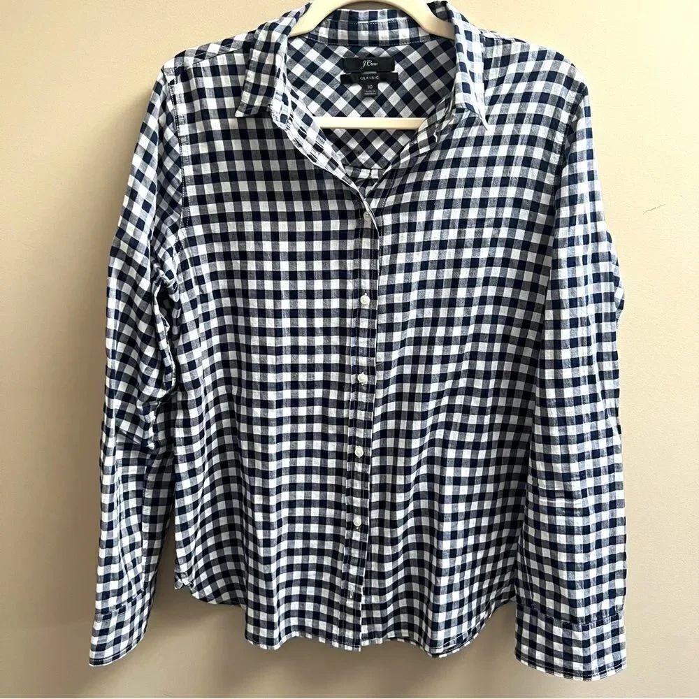 J crew lightweight navy/white checkered button down 10